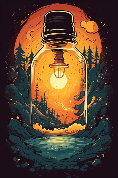 1920 retro poster, clipart vector art, a candle inside the bottle of fairy milk, in the style of unreal engine, semi-figurative, sumatraism, amber, sovietwave, chilling creatures, luminist