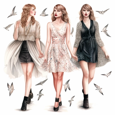 Hand drawn Taylor swift, the eras concert outfits, half body, very detailed and realistic, watercolor, white background with margins, clipart style