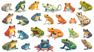 Frogs vector clipart vector Frogs cute collection, in the style of #screenshotsaturday, flat areas of color, flat color blocks, 1970–present, rough-edged 2d animation, lightbox, colorful animation stills