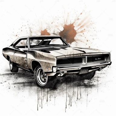 Feel the power of a roaring Dodge Charger in a classic American muscle car clipart composed in large ink blocks, capturing the spirit of speed and strength from s.ightly above. In HD on a white background.