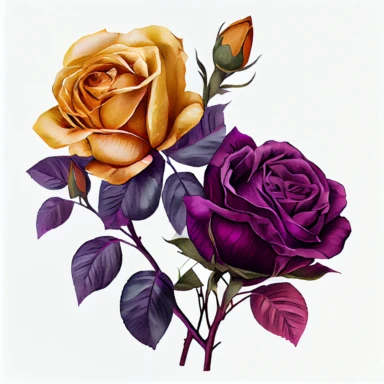 a group of 2 detailed roses together ,the colors are Mustard Yellow and Deep Purple arranged clipart, watercolor, 8k, white blank background