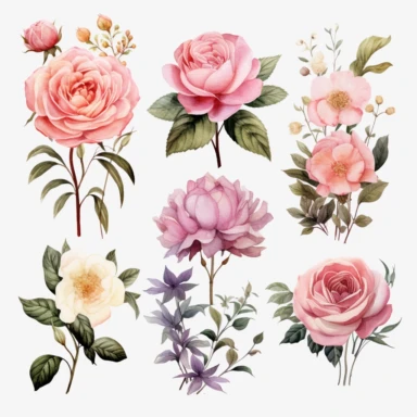 watercolor, Beautiful romantic flower collection with roses, leaves, floral bouquets, flower compositions. png Full body realistic cartoon in 32K UHD cute. 15 cm thick outline. Black color. There was no shadow on the ground. 8k with realistic watercolors and detailed illustrations. PNG clipart, transparent white background