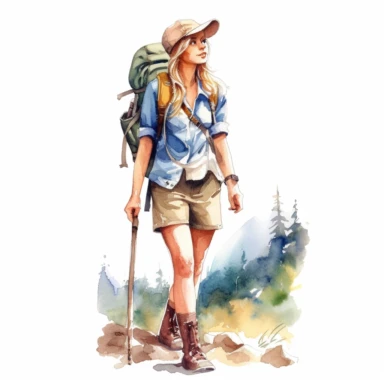 watercolor hiking girl on mountain clipart, isolated on white background