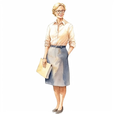 watercolour clipart of a beautiful woman class teacher, full length, high quality, very high details , white background