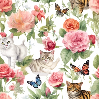 a clipart painting of kitties, roses, grass, butterflies, with an enamel-inspired design featuring a mix of subtle realism and whimsical animal motifs, for a playful yet sophisticated look, white background, cartoon feeling,