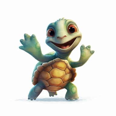 a cute adorable sea turtle with a big smile, dancing, full body image, waving hand, pixar style, clipart, white background