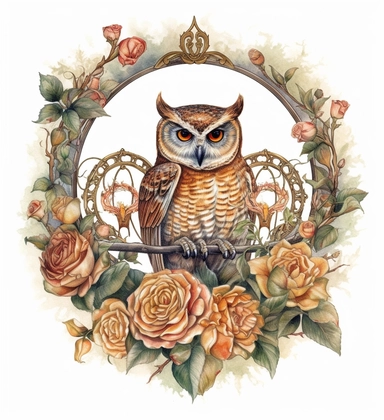 DESIGN A MAGNIFICENT AND EXQUISITE BREATHTAKING ONE-OF-A-KIND HIGH QUALITY HIGHLY DETAILED MASTERPIECE WATERCOLOR CLIPART ILLUSTRATION OF an owl is sitting in a circular frame surrounded by roses, in the style of light white and light amber, grid, nene thomas, gemstone, ruth sanderson, pictorial fabrics, pencilsteampunk, WHITE BACKGROUND