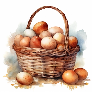 watercolor basket full of plain brown chicken eggs clipart white background