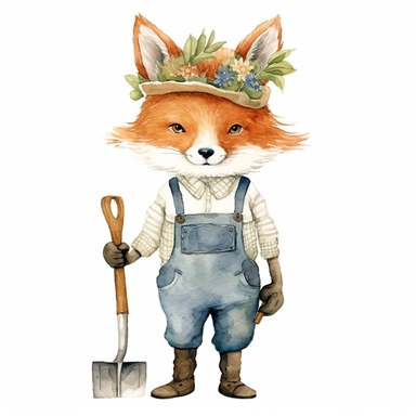 a whimsical watercolor clipart image with a white background, portraying a determined cute cartoon fox gardener