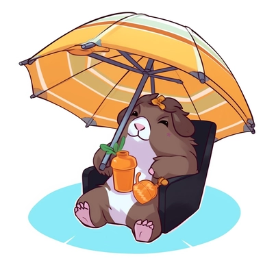 hyper-detailed clipart illustration of a happy Guinea Pig, sitting on a beach chair, wearing sunglasses and sipping a cold drink with a funny hat and a tiny paper umbrella, extreme close-up view, isolated on white background with margins, Studio Ghibli-style,