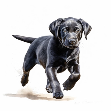 black labrador retriever puppy running, watercolor illustration, clipart, full body, hyper-realistic animal illustration, childlike, free brushwork, white background