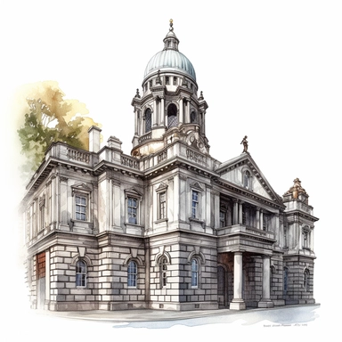 Isolated images, illustrations on a white background, facing front, elevation view, Trinity College Dublin Ireland, Clipart, watercolor, realistic, isolated, full building, highly detailed, hdr, 32K, photo expert quality, watercolor realistic, hyperrealistic and highly detailed, isolated on a white background