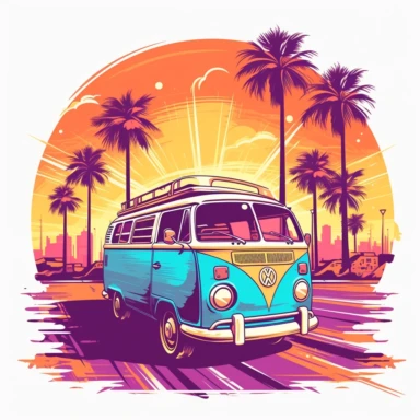 artwork of t-shirt graphic design, flat design of one retro,VW MICROBUS, miami street, palms in the back, colorful shades, highly detailed clean, vector image, photorealistic masterpiece, professional photography, realistic car, sunset, isometric, vibrant vector, flat white background, clipart, circle