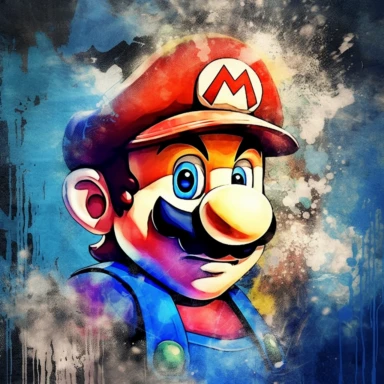 Super Mario Bros close-up side profile view, colorful graffiti background, clipart watercolor