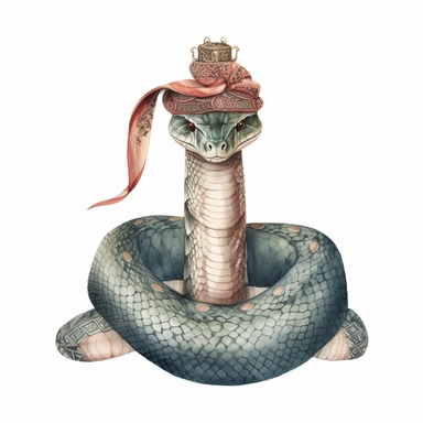 hand drawn vintage circus cobra that has a womans top half, glamorous, soft, detailed and realistic, watercolor, clipart style, white background with margins