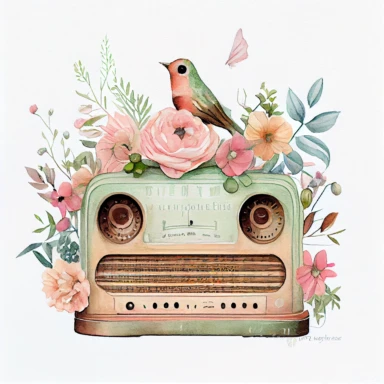 Vintage old radio ( a little floral, bird on radio) pastel watercolor clipart