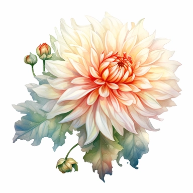 Watercolor snow white dahlia clipart on a white background in the style of feminine sticker art, Tanya Shatseva, storybook illustration, pure and pristine shades, Georgia O'Keeffe, flower and nature motifs, colored line art, colored outlines, cottagecore design, watercolor on white background, ombre, warm tones, colored line art, colored outlines, iridescent ombre, gradient shading, winter snow tone, vibrant digital art oil paint photorealism, an illustration of a colored flower, meticulous sket