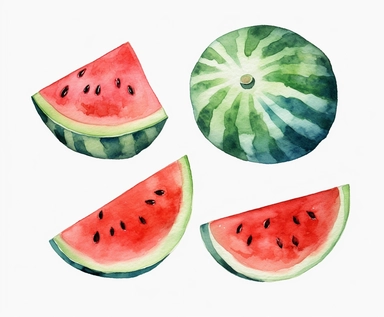 watercolor four whole watermelon fruits clipart, flat style, no volume, few details, washed out, minimalistic style, very lose details, very light colors, transparent colors, light airy hues and pastel tones, spaced out, white background, washed out colors and paint, hand-painted watercolor, watercolor spray, watercolor splash, splatters and paint smudges on top of each Watermelon, watercolor paper with visible rough paper texture, a variety of watercolor brushes, do not cross workspace borders,
