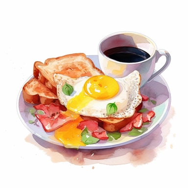Scrambled eggs, bacon, toast and a cup of coffee, Watercolor, cottagecore, pastels, clipart, beautiful, colourfull, png transparent white background, high resolution, no caption q4 s2