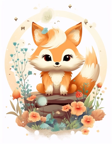 kawaii baby fox clipart, in the style of surrealist botanical, forced perspective drawings, shilin huang, beige, bulbous, group material, pigeoncore