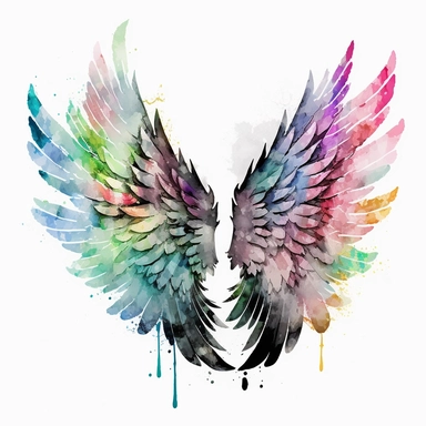 A fusion of modern and abstract styles in a composition of Angel Wings Watercolor Clipart on a white clear background. The wings showcase a striking array of vibrant colors, such as electric blue, neon green, and hot pink, with bold geometric patterns adorning their surfaces. The watercolor technique is applied with bold brushstrokes and splatters, creating a sense of movement and energy. The image exudes a contemporary and dynamic vibe, capturing the spirit of individuality and artistic express