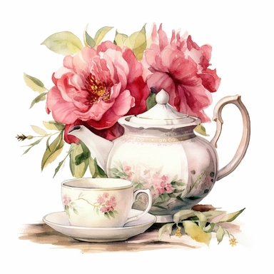 vintage floral tea cup and pot watercolor clipart, white background