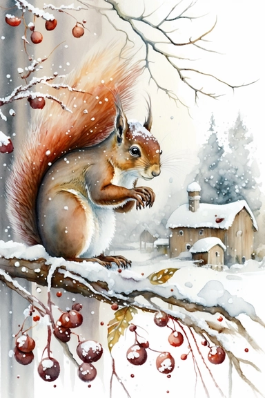 Christmas snowy Scene with country village and Squirrel on snow red berry branch, watercolor clipart