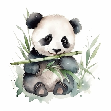 clipart, watercolor, a cute baby panda holding and chewing on bamboo, white background