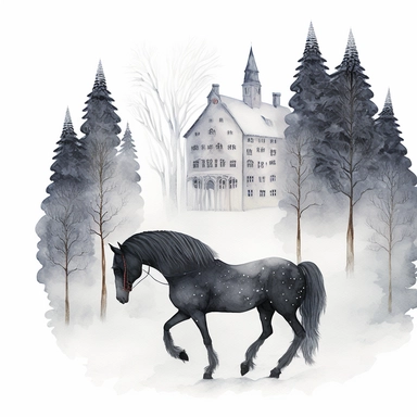 dark academia, horses, snow, fairytale, Christmas, swedish folk art, watercolor, white background, clipart