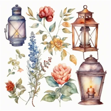 lanterne Cottagecore aquarelle, beautiful watercolor cliparts of old floral wall lamps, magic colors, white background, margin, 8k