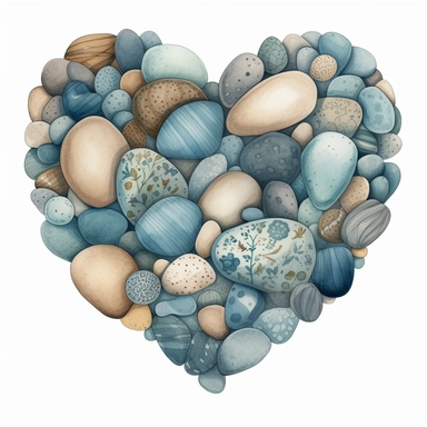 Watercolored pencil style illustration, heart shape of pebbles, blue beige grey, isolated on a white background, PNG file clipart style, Dennis Wojtkiewicz, Amanda Clark, Lowell Herrero,