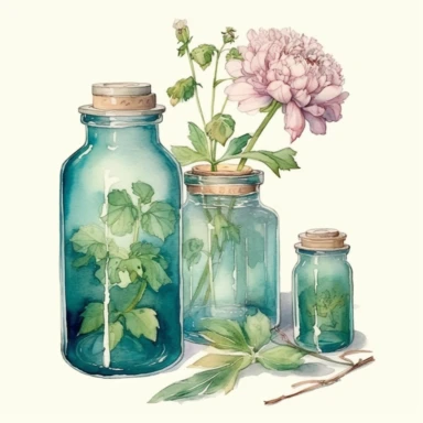 green glass without lid Jars full of flowers ,watercolor, cottage core,peony painted by ann buccarelli,insanely high quality, watercolor , white background, clipart, vintage--q 2