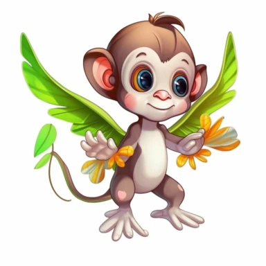 A cute [baby monkey[ standing upright with [humming bird] wings stretched out on both sides. Clipart. Clean crisp illustration on white background, ultra minimistic