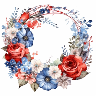 wreathe of flowers, in the style of fourth of july realistic and hyper-detailed watercolor painting, sketchfab, ahmed morsi, realistic watercolor paintings, use of common materials, handcrafted designs clipart red white and blue with white background
