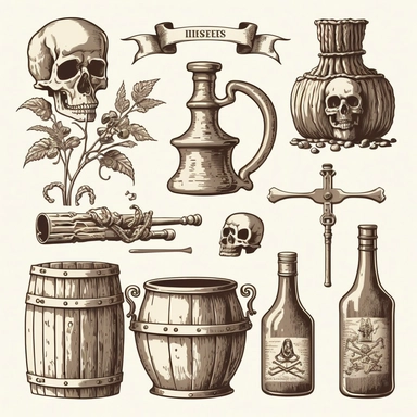 vintage bones, skulls, barrels, guns, swords, gin bottles, beer mugs, clip art, line art white background