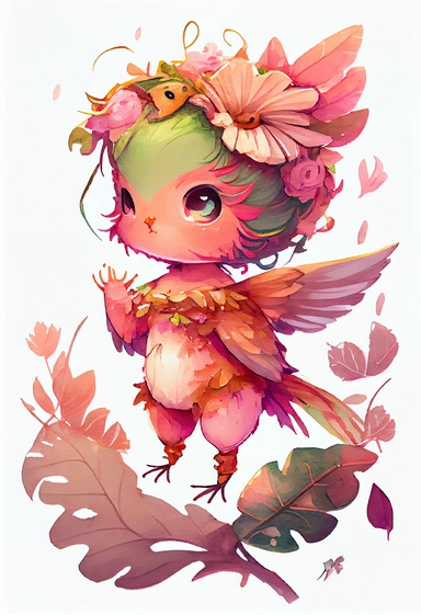 watercolor baby humming bird clipart, full body, chibi, Nursery Art, Nursery Decor, dreamy eyes, magical, high rendering, central focus, scenic background, intricate details, kawaii chibi, by Ross Tran, retro,pink light golden, Cinematic feel, tiger, Tropical,floral, colourfull,