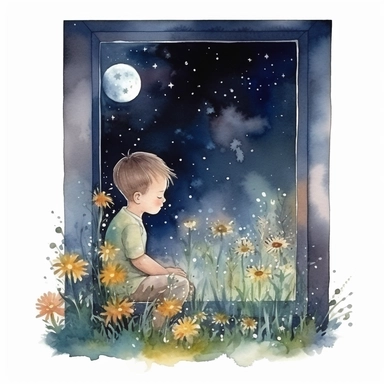night starry sky visible through the window, a little boy sits by the window and looks at the sky and the moon colorful flowers watercolor clipart, isolated white background background 8k