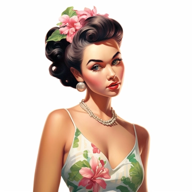 beautiful pretty pin up woman, makeup and hair vintage 50's style, hawaiian flower and dress, paint art style, detail, clipart, white background, superrealistic, one of a kind