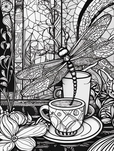 Illustration colouring book, black and white, line work, clip art. Abstract, surrelism coffee mug and flowers. A dragonfly beside mug and stainglass style .