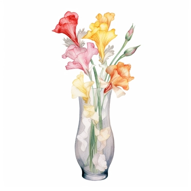 Design a dreamy watercolor clipart of frenchfarmhouse-inspired Gladiolus, lilies, and snapdragons arranged in a tall glass vase with river rocks composition, hand-painted with soft and graceful brushstrokes. Draw inspiration from the artistic finesse of Ethereal Petals Watercolors for a refined and ethereal depiction. isolated on a white background, hand-drawn illustration, hand-painted watercolor texture, 16k UHD resolution, intricately detailed, sharp focal points, designed by Ana Victoria Cal