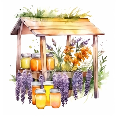 hand drawn honey stand, honey for sale, flowers and grass, shades of yellow and purple, very detailed, very realistic, watercolor, clipart style white background with margins