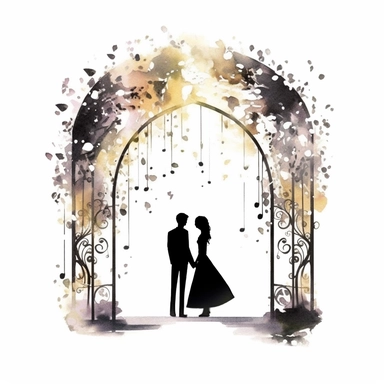 watercolor clipart with white background, black silhouette of bride and groom under an ivey covered arch with confetti in the air , cute and adorable, flat design,high quality--ar3:4--no mockups, watermarks, numbers, writing, letters--q2--v5.1--s1000