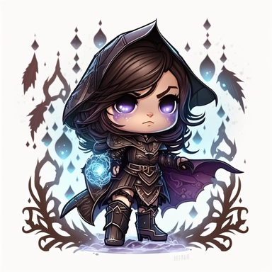 chibi female sorcererin dark leather armor surrounded by arcane mist, dungeons and dragons, clipart