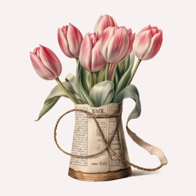 watercolor pink and white tulips stand upright in a cone made from a vintage french newspaper, the newspaper is tied with a pink ribbon clipart no background, 4K