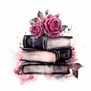 Gothic style books with watercolor effect, suitable for digital clipart, white background, gothic pink scene, gothic colors, gothic tools, gothic roses, dark scene, twinkles