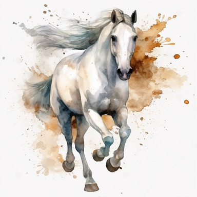 beautiful white horse galloping watercolor clipart on white background, sharp