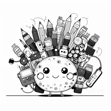 clipart of a cute pencil, full of circuits and cables and electronic components. Beautiful, flat, cute manga style, black and white, round image borders