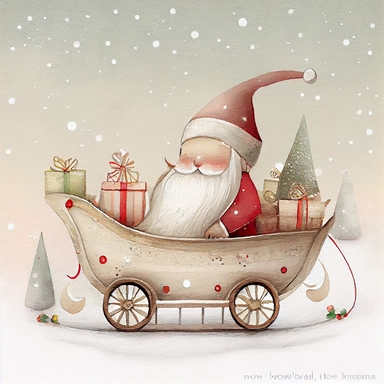 A watercolor painting cute Santa Claus, Father Christmas, sitting in his sleigh with presents in the back of his sleigh, cute detailed digital art, inspired by nicoletta ceccoli, by Kubisi art, whimsical and cute, by nicoletta ceccoli, cute detailed artwork, glimmering, adorable and whimsical, whimsical art, Clipart style, png style, svg style, blank white background, a solid white background