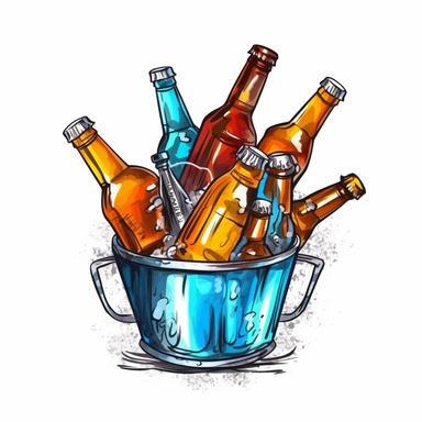 one ice bucket and beer bottle clipart on a white background, in the style of ink wash painter, light azure and dark amber, light amber and silver, light gold and light amber, luminous 3d objects , no watermark, text, 300 DPI , typography, shapes do not stick together, no text in the picture, on a white background