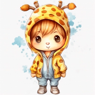 cute kid wearing Giraffe costumes and with happy face,front facing on isolated background,with happy face and expression,Animal Sublimation Clipart,no splash watercolor,white background, ultra detailed clipart, cut out image, colorful watercolor realistic, cartoon style, ultra HD, sharp and clean art